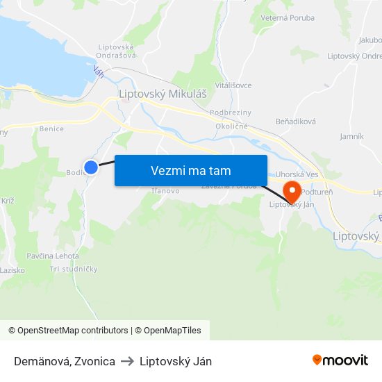 Demänová, Zvonica to Liptovský Ján map