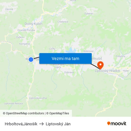 Hrboltová,Jánošík to Liptovský Ján map