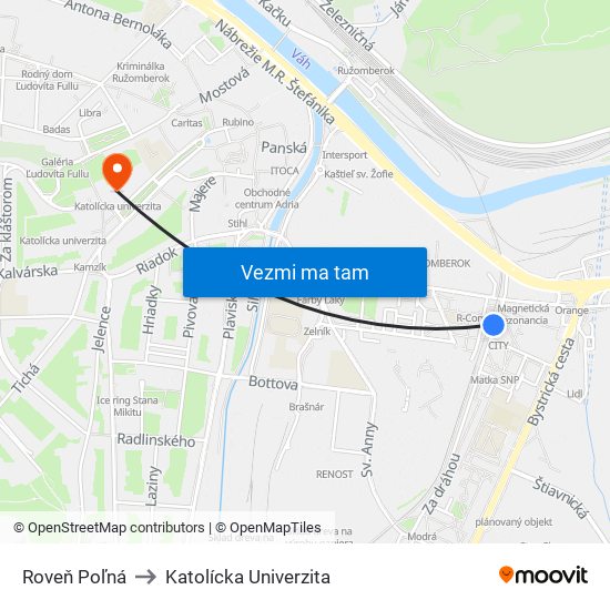 Roveň Poľná to Katolícka Univerzita map