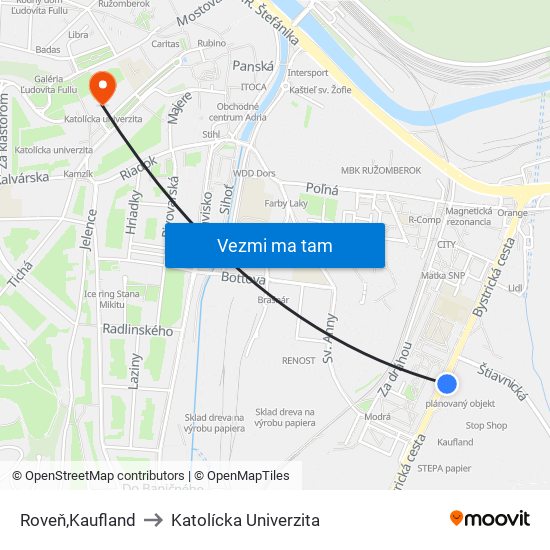 Roveň,Kaufland to Katolícka Univerzita map