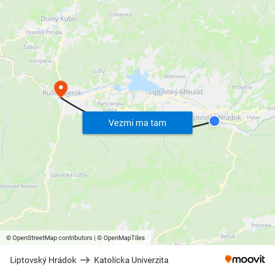 Liptovský Hrádok to Katolícka Univerzita map