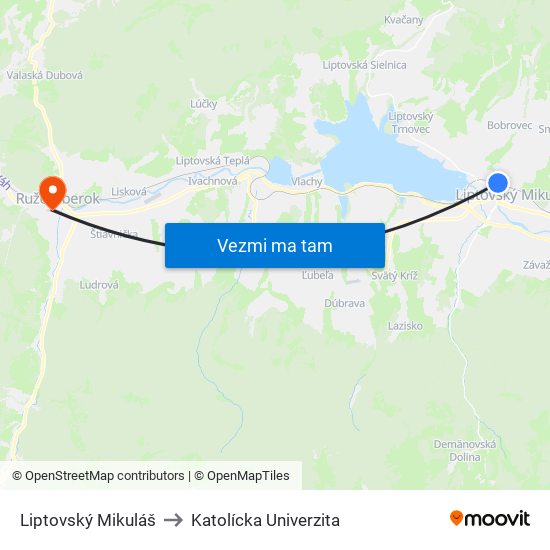 Liptovský Mikuláš to Katolícka Univerzita map