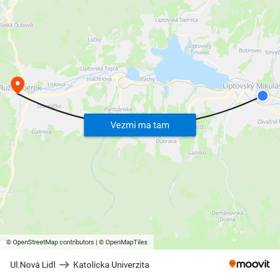 Ul.Nová Lidl to Katolícka Univerzita map