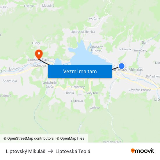 Liptovský Mikuláš to Liptovská Teplá map