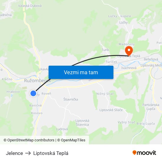 Jelence to Liptovská Teplá map