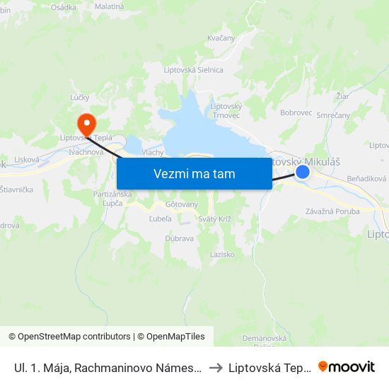 Ul. 1. Mája, Rachmaninovo Námeste to Liptovská Teplá map