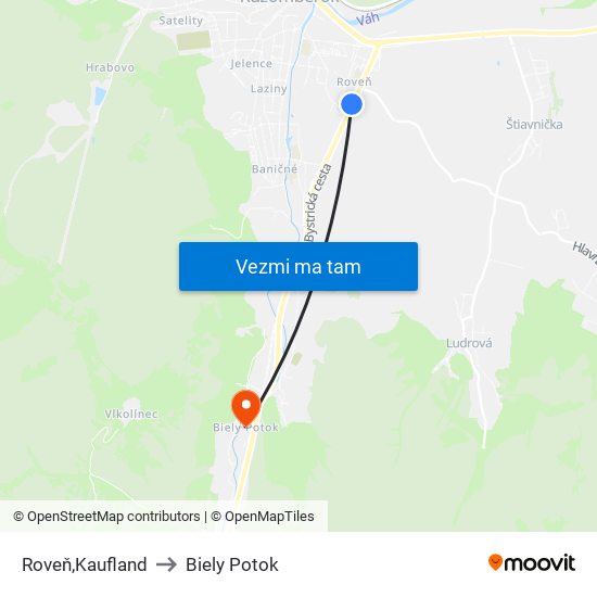 Roveň,Kaufland to Biely Potok map