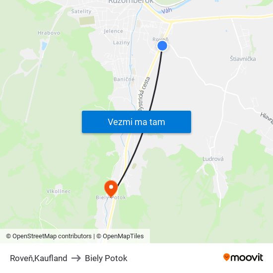 Roveň,Kaufland to Biely Potok map