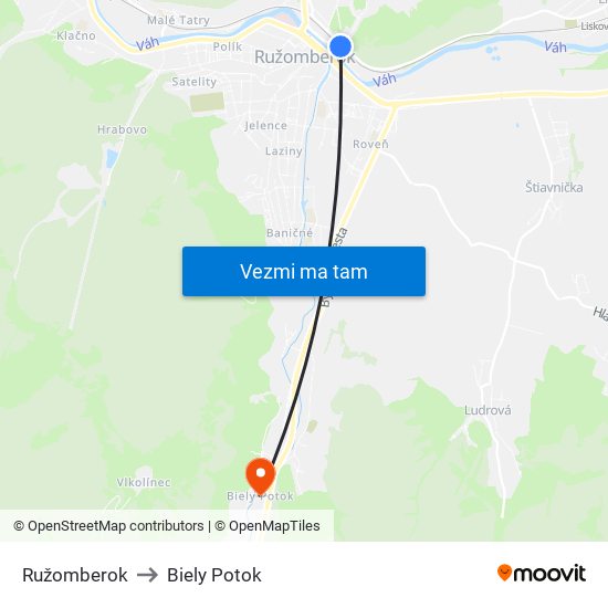 Ružomberok to Biely Potok map