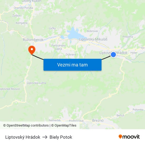 Liptovský Hrádok to Biely Potok map