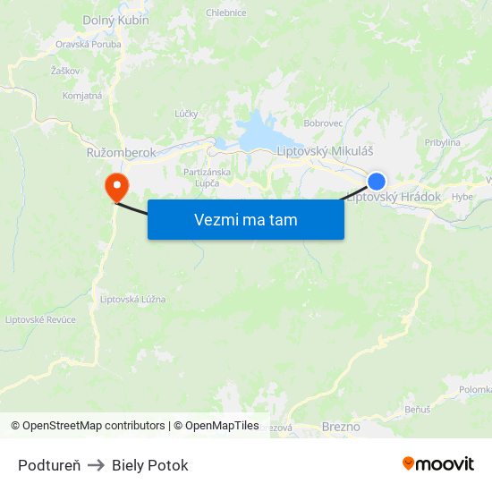 Podtureň to Biely Potok map