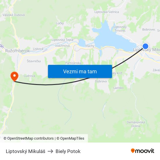 Liptovský Mikuláš to Biely Potok map