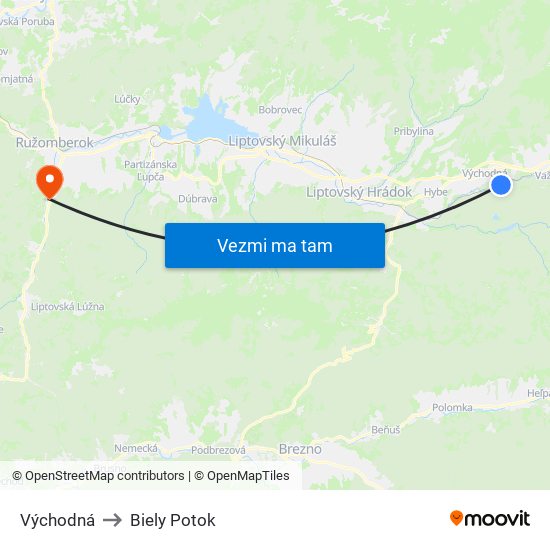 Východná to Biely Potok map