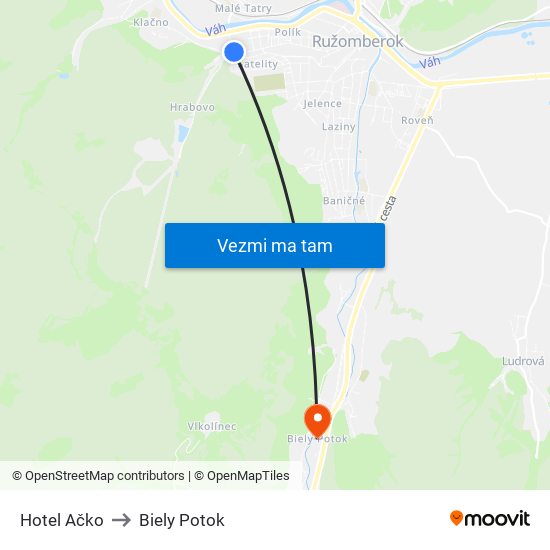 Hotel Ačko to Biely Potok map