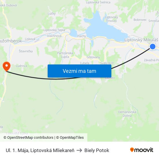 Ul. 1. Mája, Liptovská Mliekareň to Biely Potok map