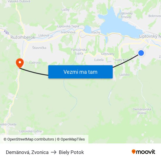 Demänová, Zvonica to Biely Potok map