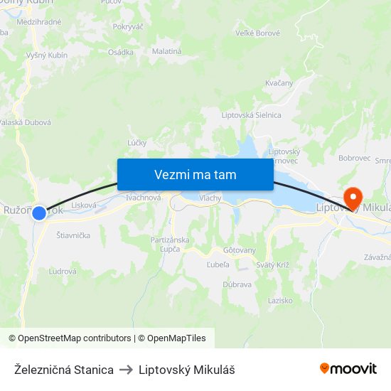 Železničná Stanica to Liptovský Mikuláš map