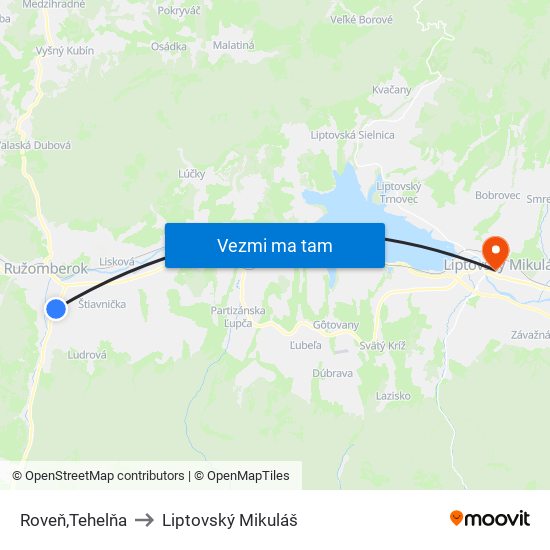 Roveň,Tehelňa to Liptovský Mikuláš map