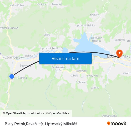 Biely Potok,Raveň to Liptovský Mikuláš map