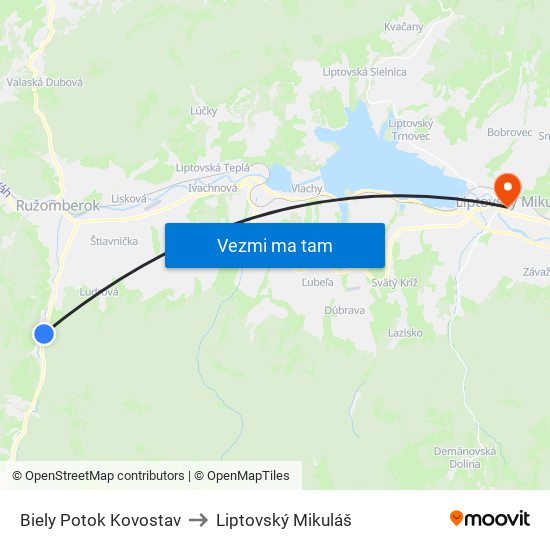 Biely Potok Kovostav to Liptovský Mikuláš map