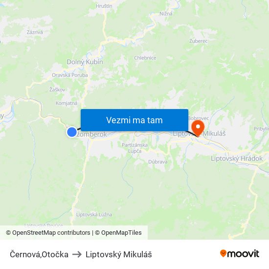 Černová,Otočka to Liptovský Mikuláš map