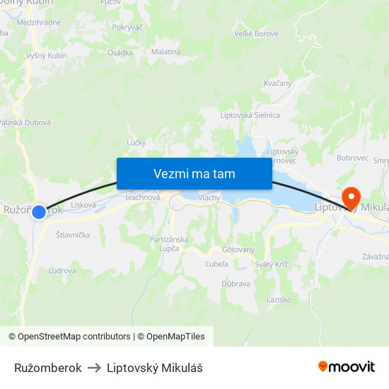 Ružomberok to Liptovský Mikuláš map