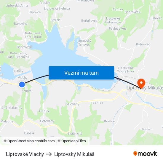 Liptovské Vlachy to Liptovský Mikuláš map