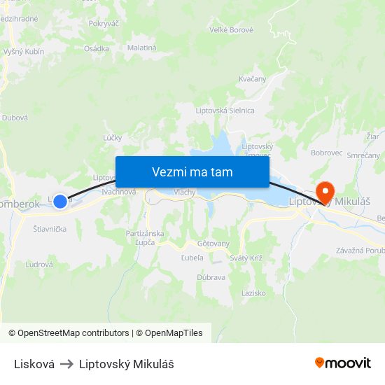 Lisková to Liptovský Mikuláš map