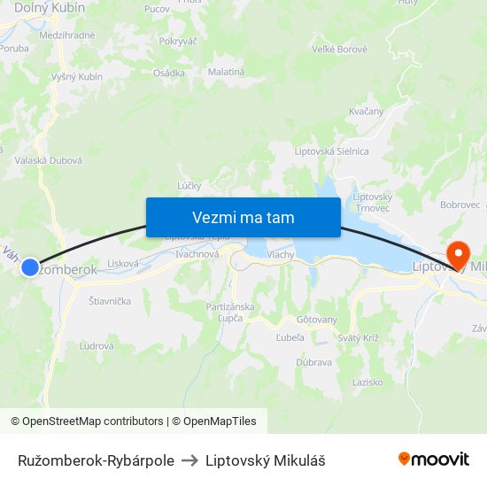 Ružomberok-Rybárpole to Liptovský Mikuláš map