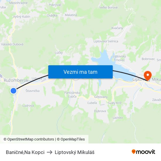 Baničné,Na Kopci to Liptovský Mikuláš map