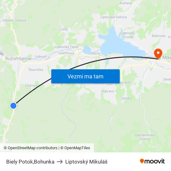 Biely Potok,Bohunka to Liptovský Mikuláš map