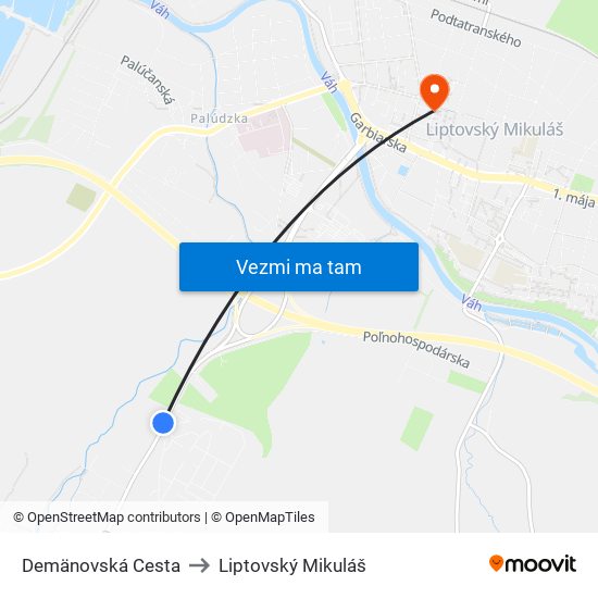 Demänovská Cesta to Liptovský Mikuláš map