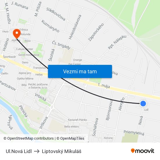 Ul.Nová Lidl to Liptovský Mikuláš map