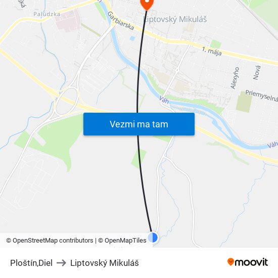 Ploštín,Diel to Liptovský Mikuláš map