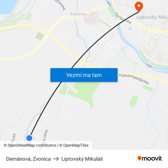 Demänová, Zvonica to Liptovský Mikuláš map