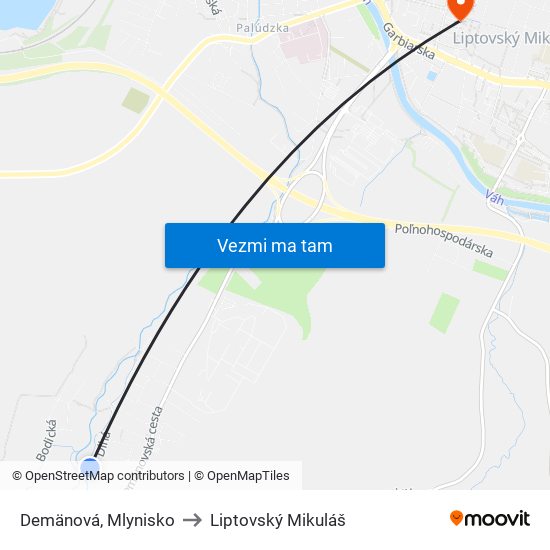 Demänová, Mlynisko to Liptovský Mikuláš map