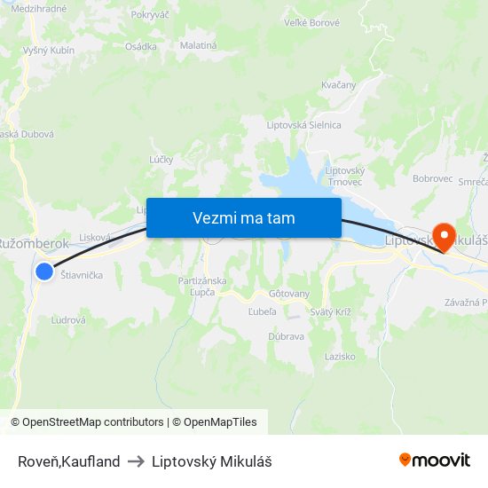 Roveň,Kaufland to Liptovský Mikuláš map