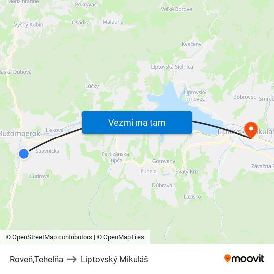 Roveň,Tehelňa to Liptovský Mikuláš map