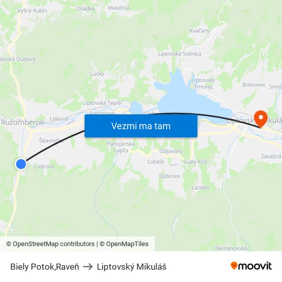 Biely Potok,Raveň to Liptovský Mikuláš map