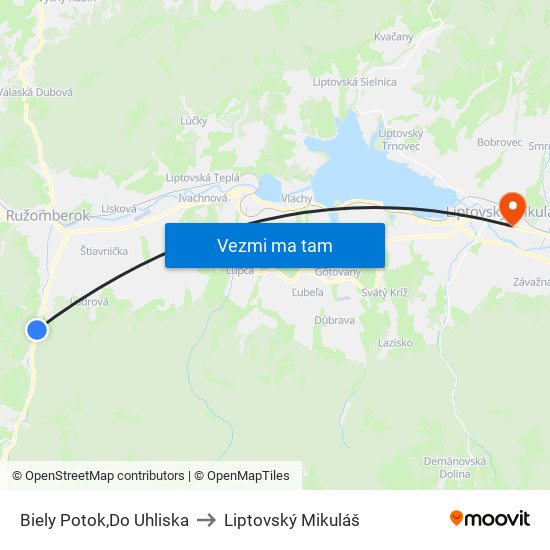 Biely Potok,Do Uhliska to Liptovský Mikuláš map