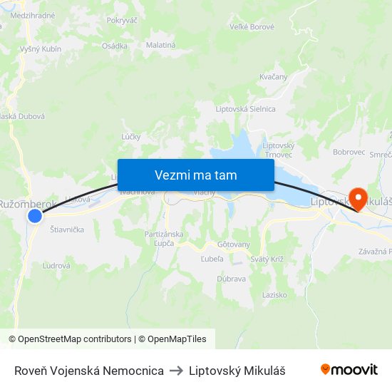 Roveň Vojenská Nemocnica to Liptovský Mikuláš map