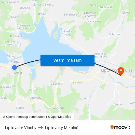 Liptovské Vlachy to Liptovský Mikuláš map