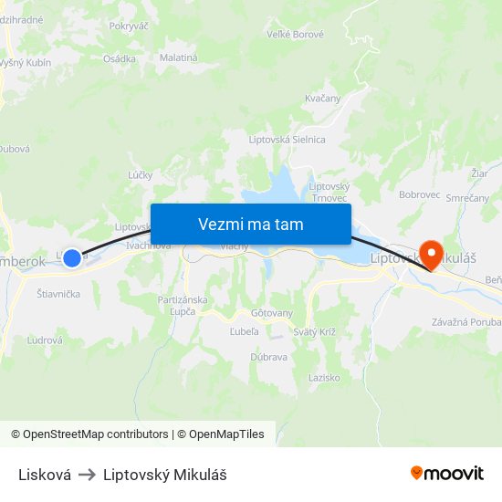 Lisková to Liptovský Mikuláš map