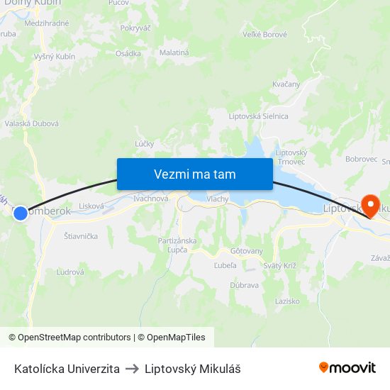 Katolícka Univerzita to Liptovský Mikuláš map