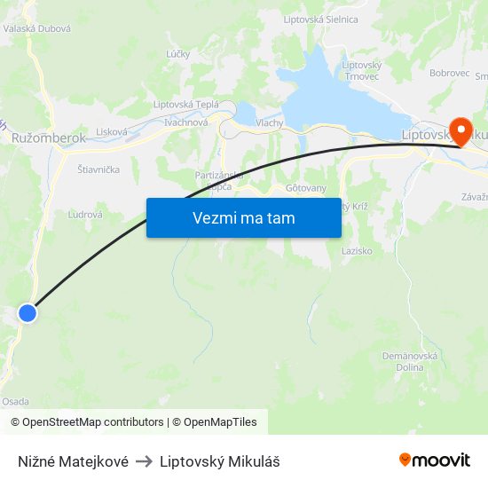 Nižné Matejkové to Liptovský Mikuláš map