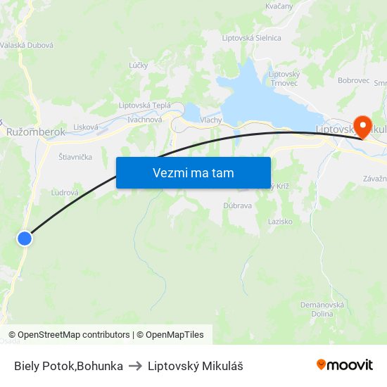 Biely Potok,Bohunka to Liptovský Mikuláš map