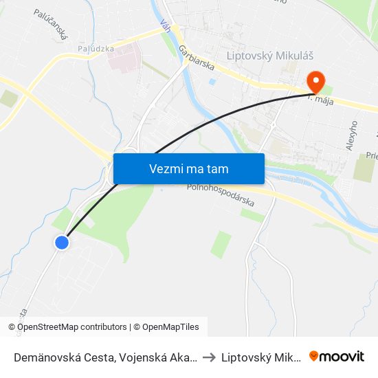 Demänovská Cesta, Vojenská Akadémia to Liptovský Mikuláš map