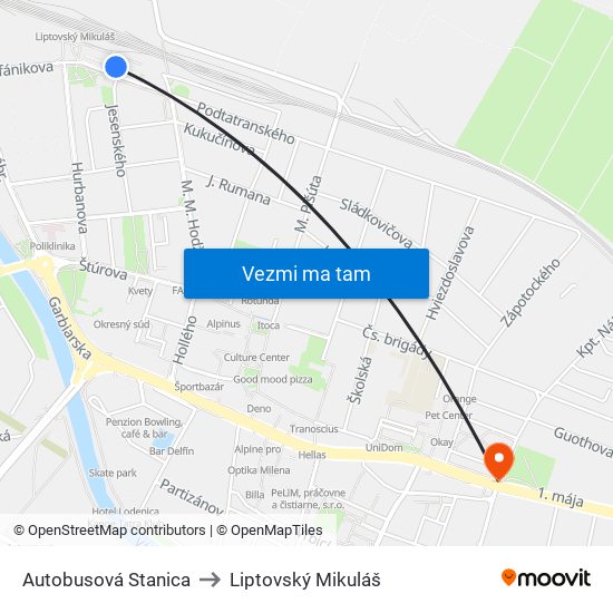 Autobusová Stanica to Liptovský Mikuláš map