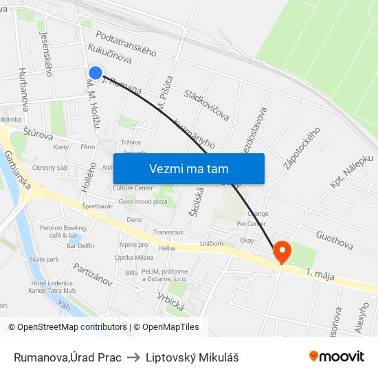 Rumanova,Úrad Prac to Liptovský Mikuláš map