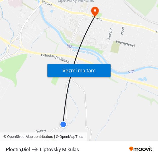 Ploštín,Diel to Liptovský Mikuláš map